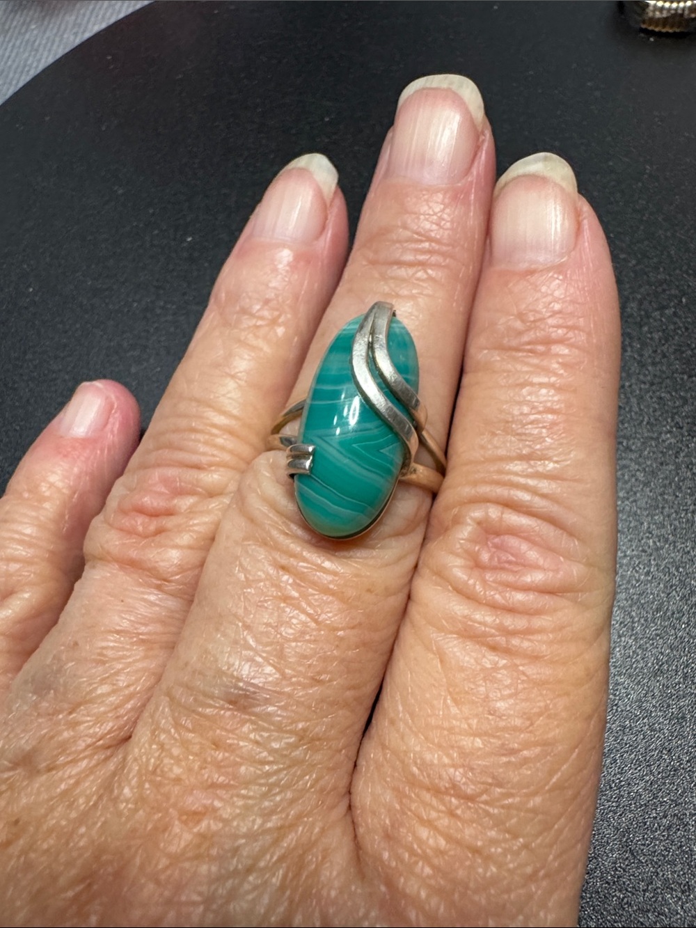 VTG Sterling Silver Teal Agate Oval Ring - Teal Green Stone